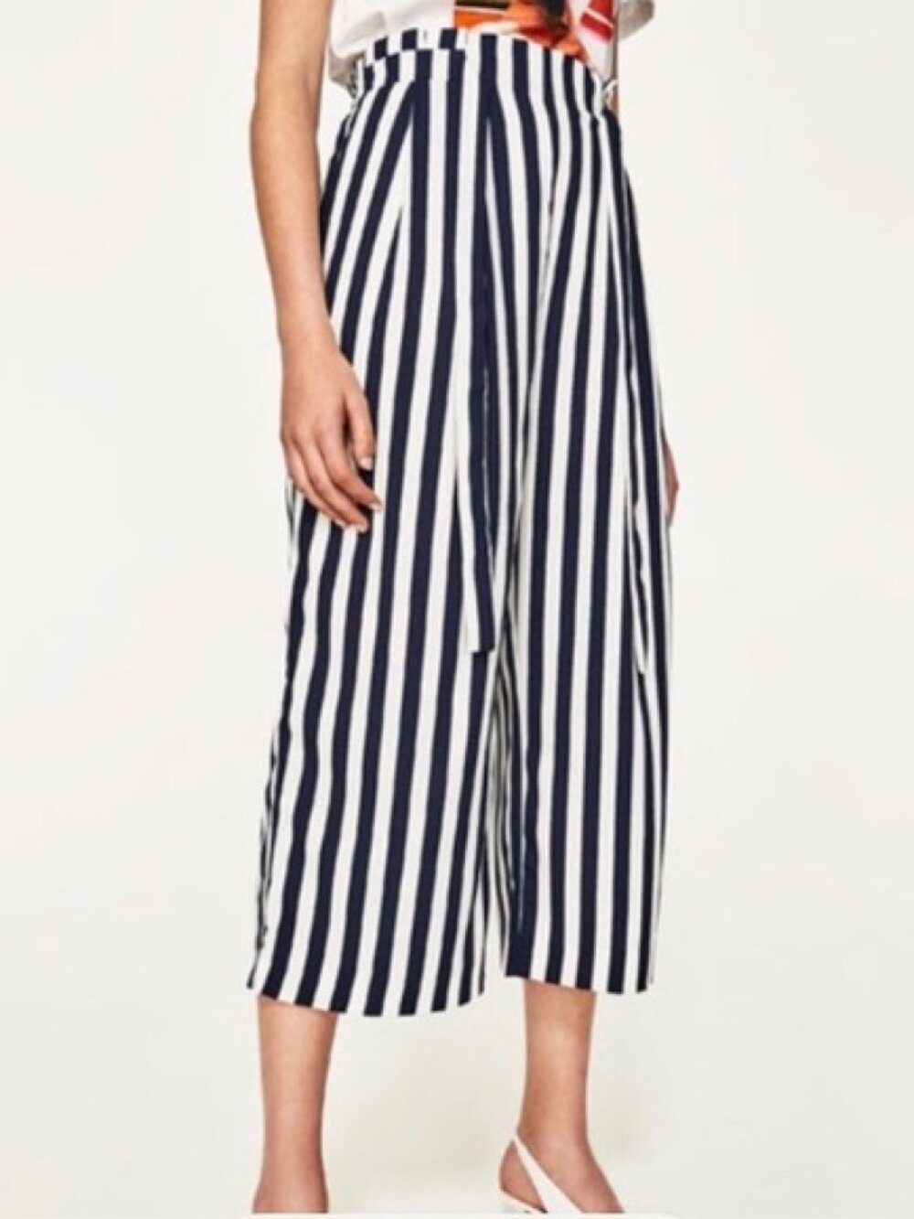 Zara Paperbag Blue White Striped Crop Trousers S